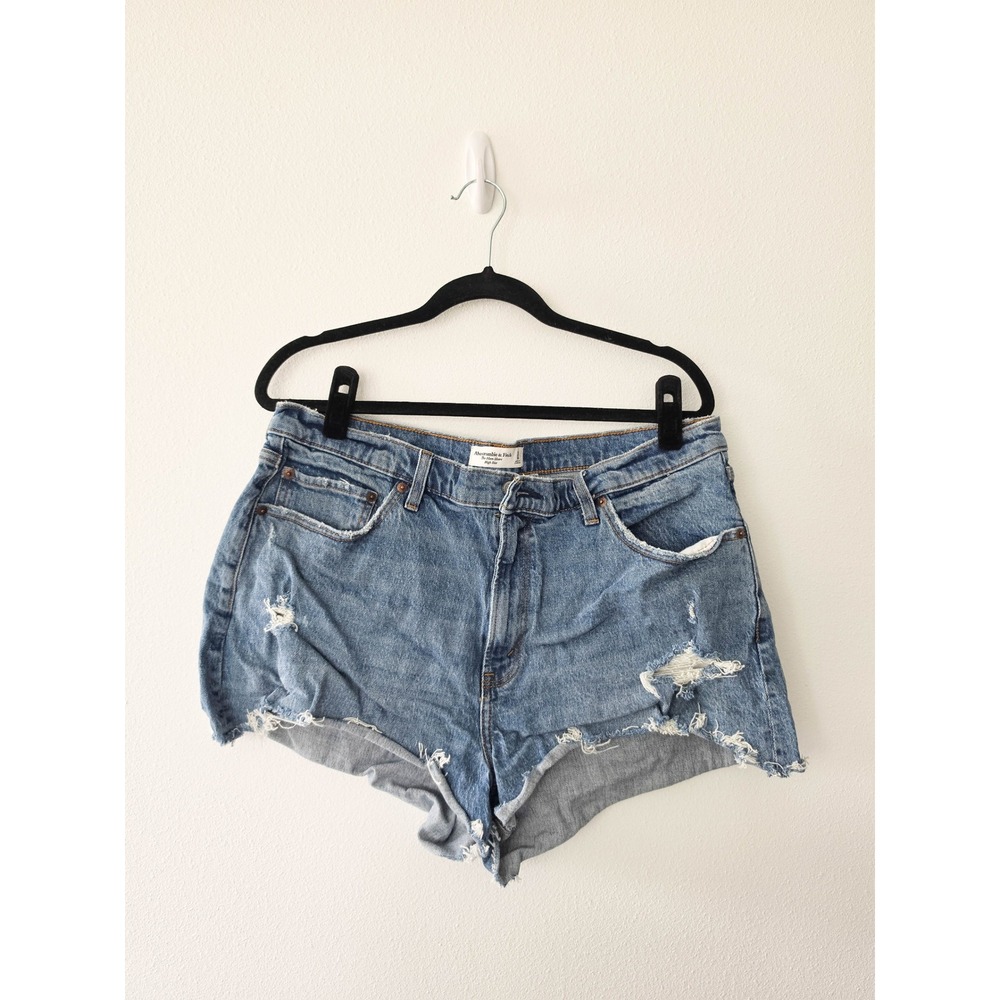 Abercrombie & Fitch The Mom Short High Rise Distressed Denim Cut Off Blue Sz 16
